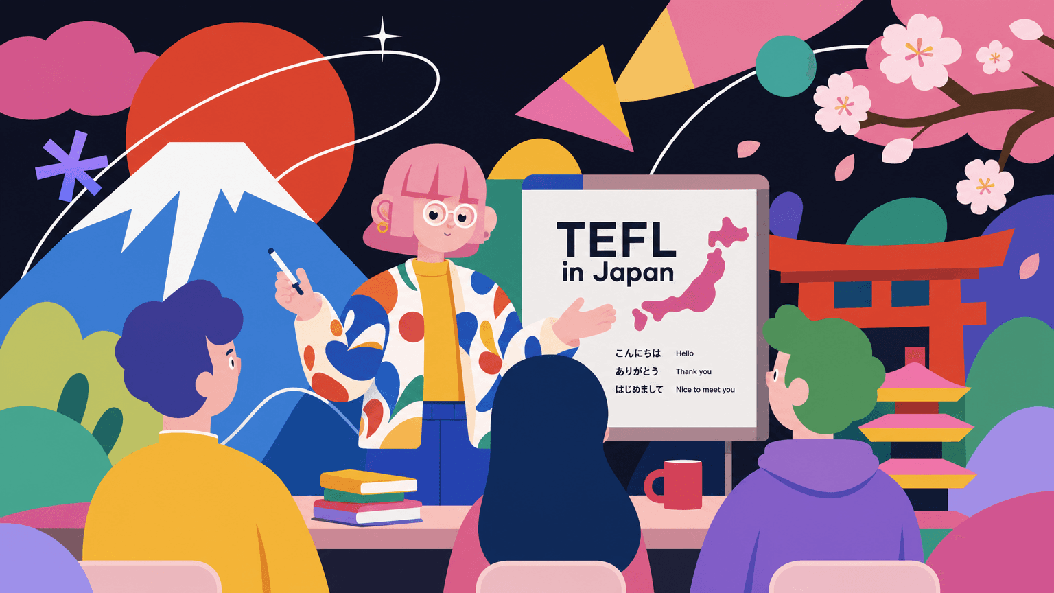 Illustration of a teacher leading an English lesson in Japan, with Mt. Fuji, cherry blossoms, and a torii gate in the background